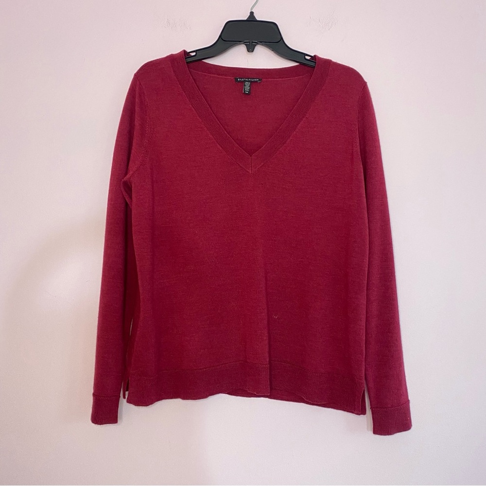 Eileen Fisher 100% Merino Wool Burgundy Red Lightweight Sweater size small